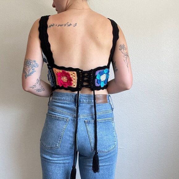 Maridruna Handmade Knit Festival Rainbow Multicolor Hippie Crochet Crop Top Sz M - Picture 9 of 10